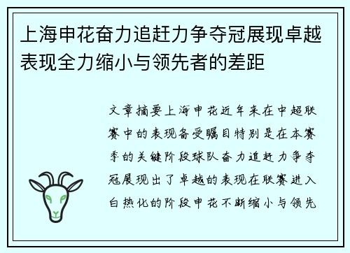 上海申花奋力追赶力争夺冠展现卓越表现全力缩小与领先者的差距